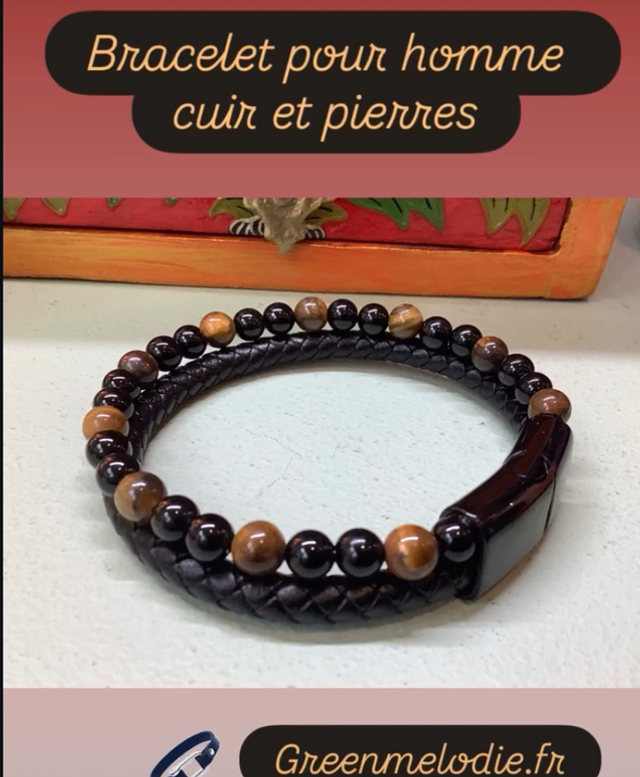 Bracelet double en cuir et pierres oeil de tigre et onyx pour homme