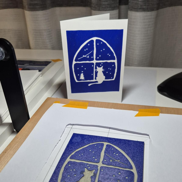 Weihnachtskarte Linol "Katze"