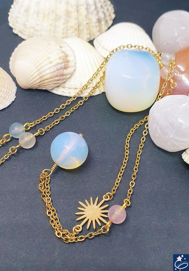 Collier sautoir soleil, opalite et morganite 
