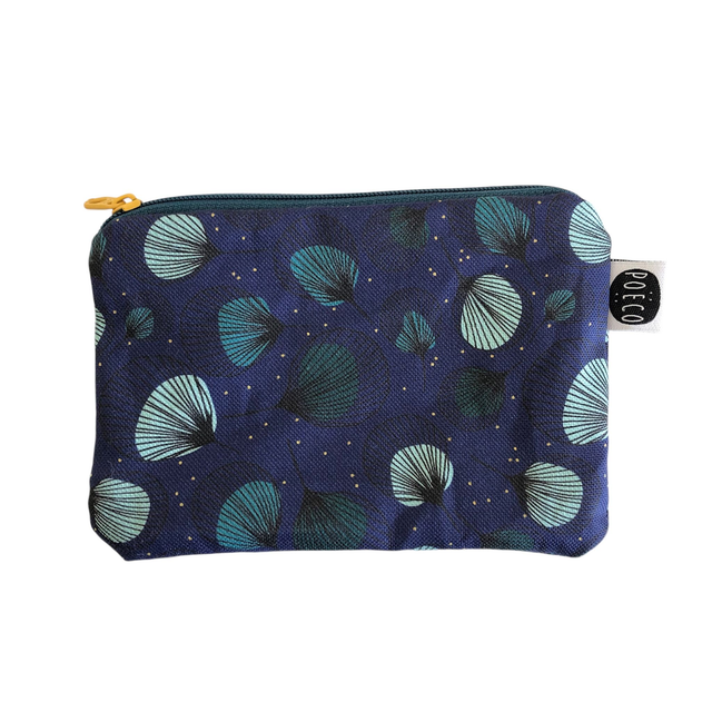 Trousse porte-monnaie - PLUMES vertes fond bleu marine