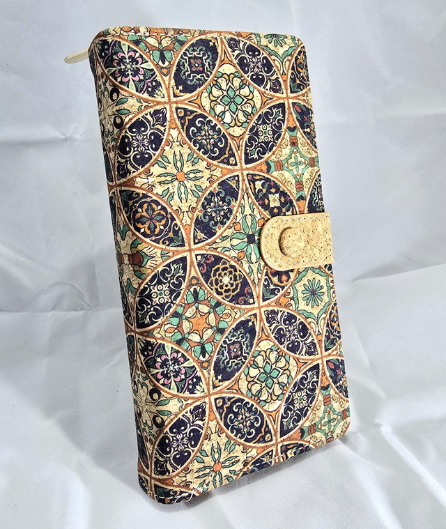 Grand porte-monnaie rect. en liège naturel et imprimé cercles bleu/orangé