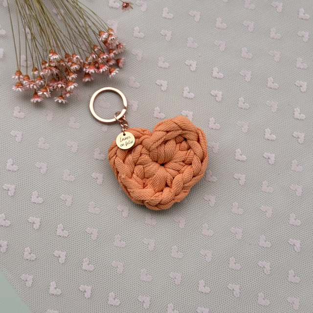Porte-clés cœur orange en coton recyclé