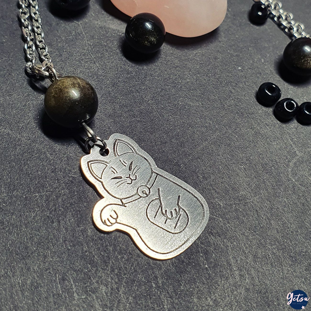 Collier Maneki Neko et obsidienne dorée