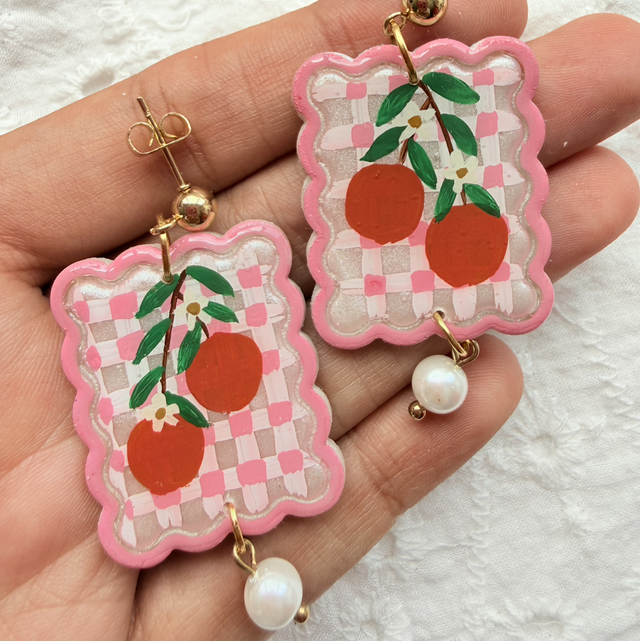 Pink Gingham Orange Pearl Earrings