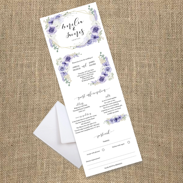 Mauve, dusty purple, lilac &amp; white florals - concertina Wedding invitations - including guest information &amp; RSVP