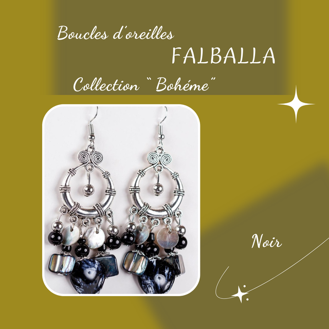 Boucles d&#039;oreilles FALBALLA - Collection Bohème - Noir
