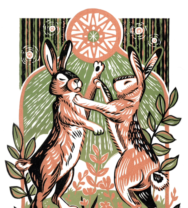 Boxing. A Reduction Linocut Print of Hares