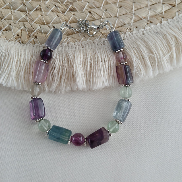 Dames armband Fluoriet met buiskralen en glanzende accenten – Stainless Steel – Verstelbaar (1.253)