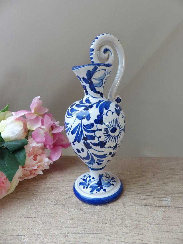 Vintage Huilier Pichet Aiguière Céramique Décor Fleurs Bleues Italie, Carafe Artisanale Poterie, Décoration Table Cuisine Maison de Famille