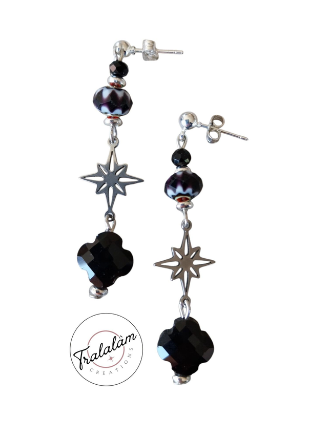 ✨Boucles d’oreilles &quot;Etoiles polaires pendantes noires/millefiori&quot;✨