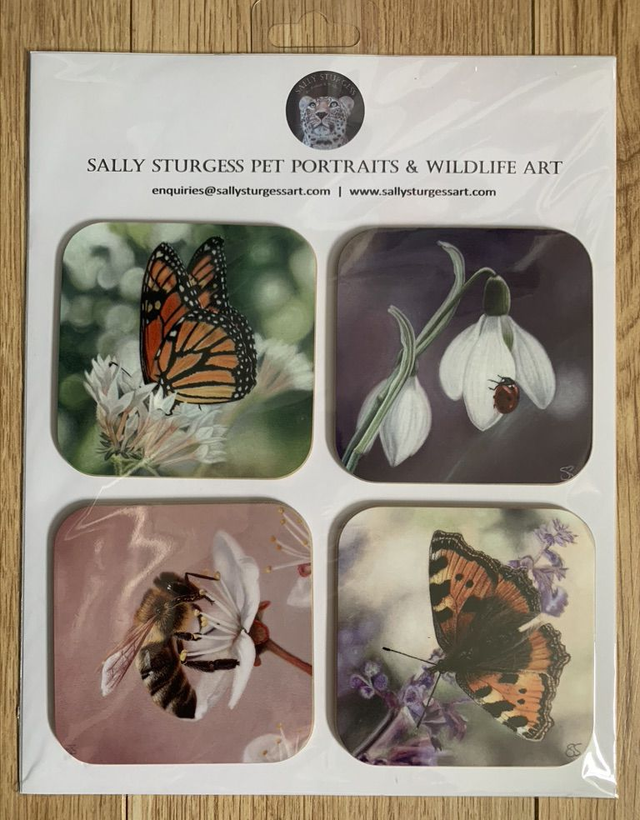 Set of 4 coasters - Monarch Butterfly, Tortoiseshell Butterfly, Ladybird on Snowdrop &amp; Bee on Blossom