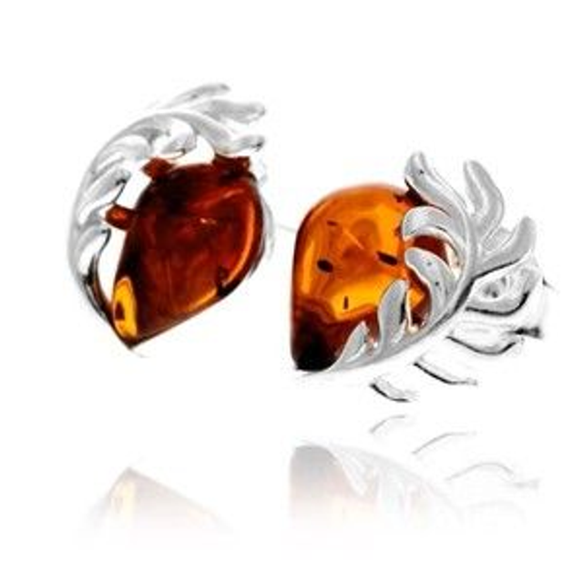 925 Sterling Silver &amp; Genuine Baltic Amber  Leaf Stud Earrings – Cognac