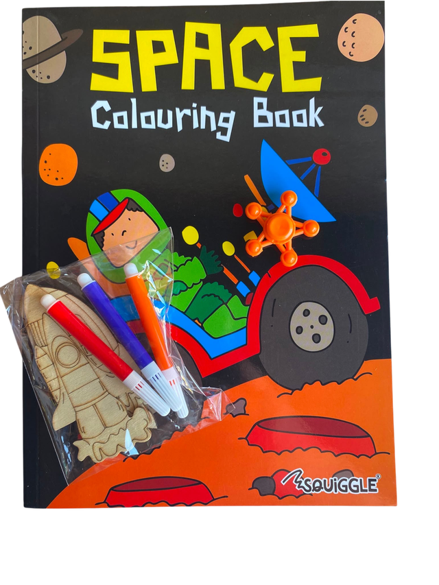 Kids Space Activity Set – Colouring Book, Wooden Rocket Craft, Markers & Fidget Spinner