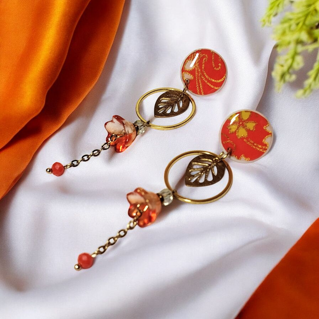 Boucles d'oreilles pendantes motifs japonais orange