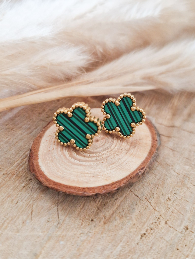 Boucles d'oreilles puces "Fleurs" - Modèle doré et vert