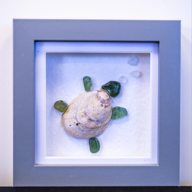 Sea Turtle Sea Glass Art 10x10cm Framed.