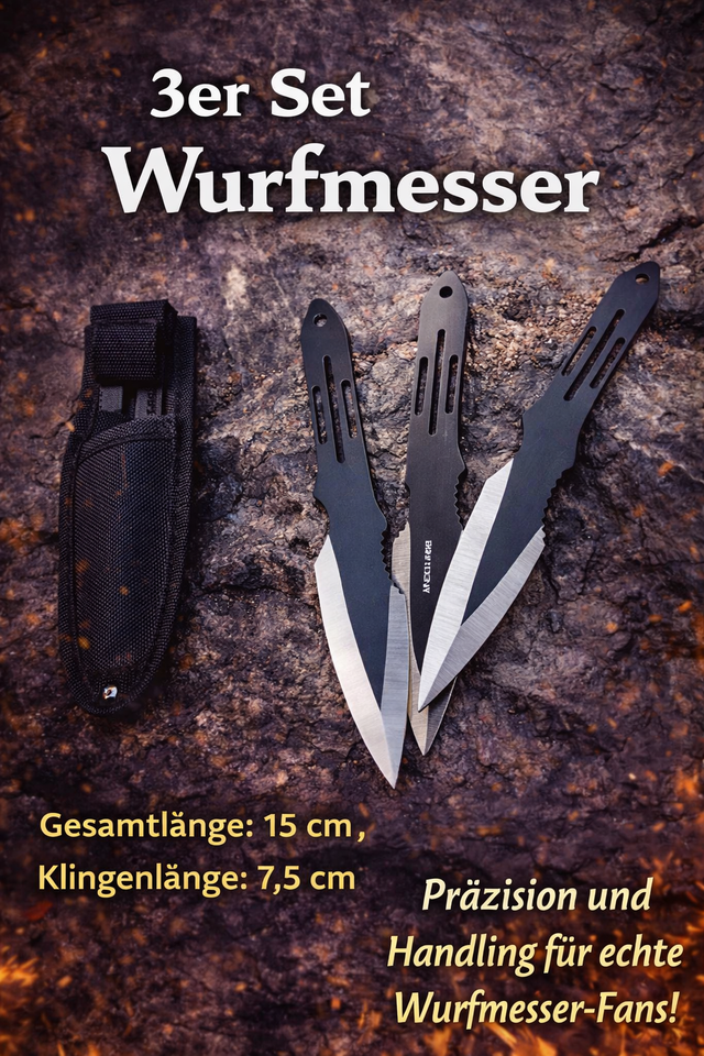 NEU Wurfmesser Kunai 3er Set schwarz-silberne Messer Spearpoint Spitze mit Cordura Holster für Sammler Sport Wurfsport Fans