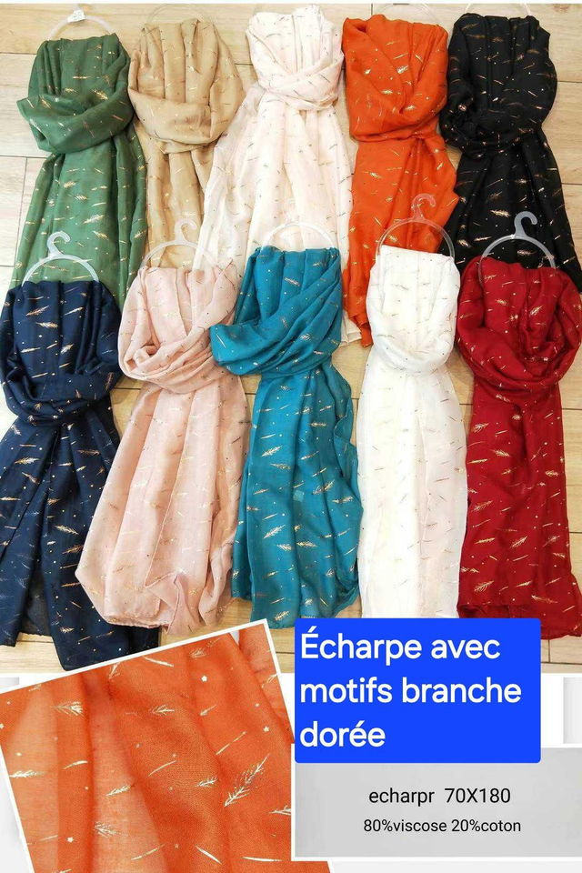 Écharpe avec motifs branche dorée en viscose et coton