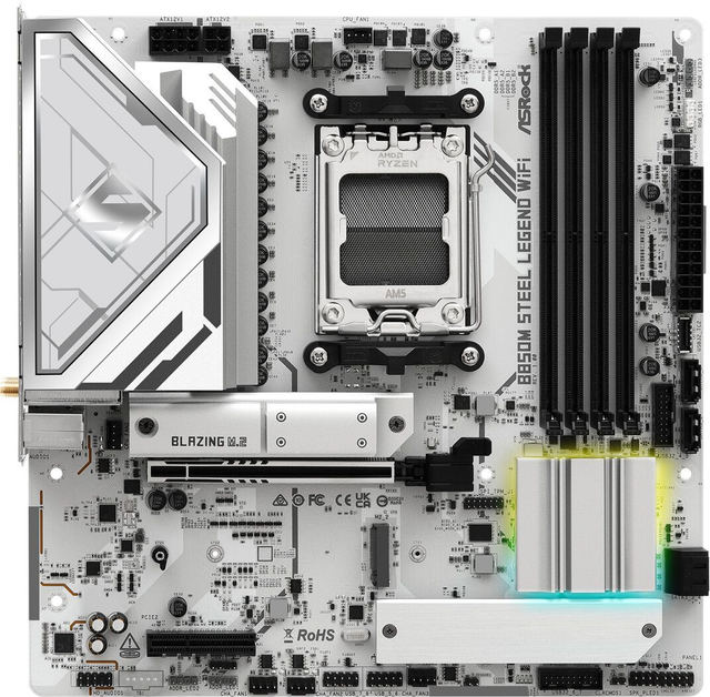 02.2.0121 – Scheda Madre ASRock B850M Steel Legend WiFi – Micro‑ATX mid‑range bianca/argento con WiFi 7 per Ryzen 7000/8000/9000