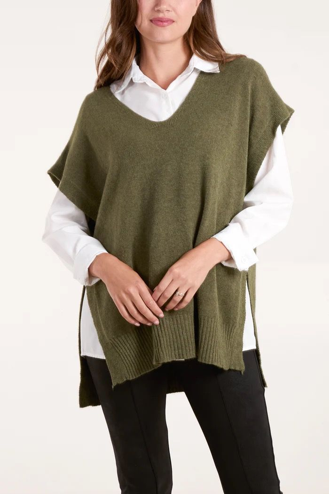 Knitted V-Neck Vest - Khaki