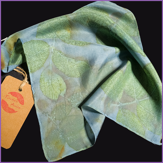 100% Silk Pocket Square - dyed with indigo and eco printed with rose leaves