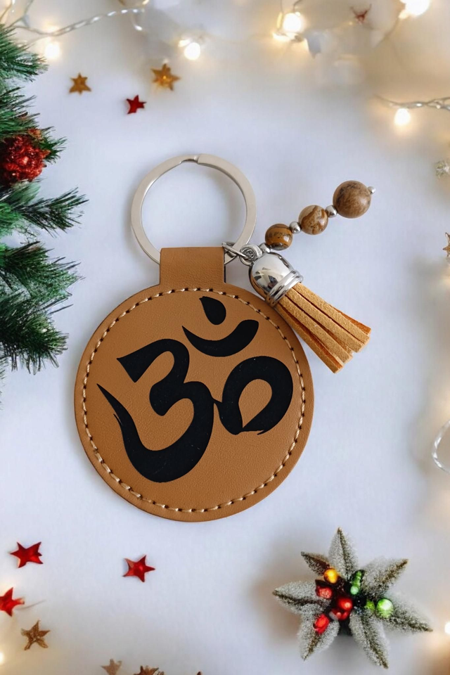 Porte clé simili cuir jaspe paysage symbole OM