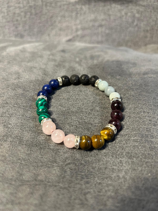 Lapis Luzli, Malachite, Rose Quartz, Tiger&#039;s Eye, Garnet, Amazonite &amp; lava stone Bracelet