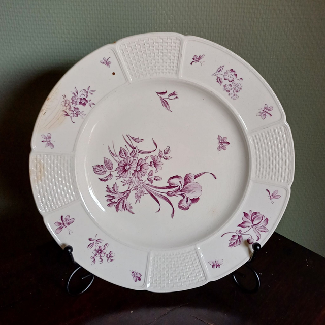 Wedgwood Etruria | Dinerbord Plat bord (diameter 23,5 | hoogte 2,5 cm) in Wit met Lila Veldbloemen decor | Antiek - Beboterd Onvolkomenheden
