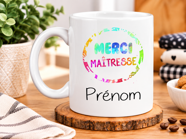 Mug Merci Maîtresse Personnalisé avec Prénom – Une Idée Cadeau Originale, Colorée et Pleine de Tendresse pour la Fin d’Année Scolaire
