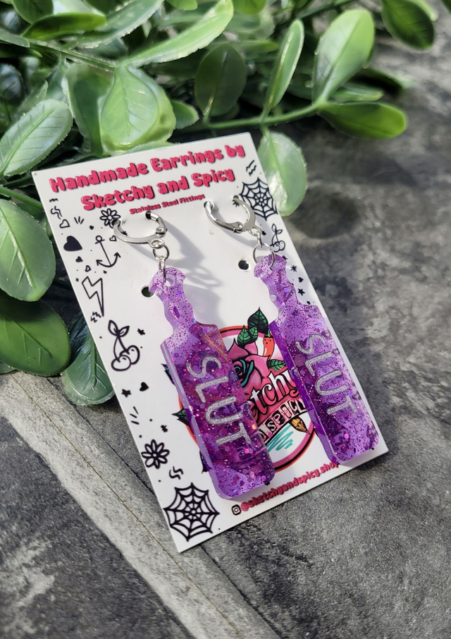 Earrings | SLUT Paddle Earrings Purple Glitter | Stainless Steel Hoops