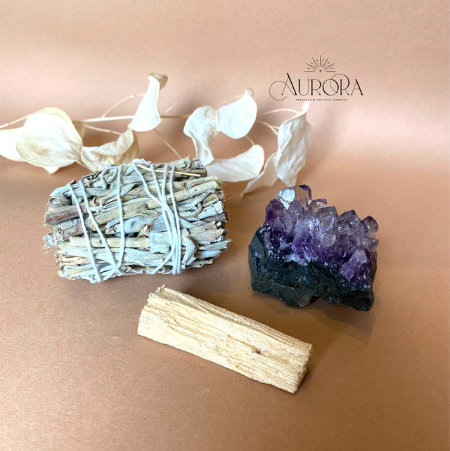 Räucher Set Amethyst Size Medium Salbei Palo Santo