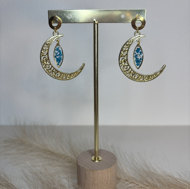 Boucles d’oreilles Lune fleur bleu 