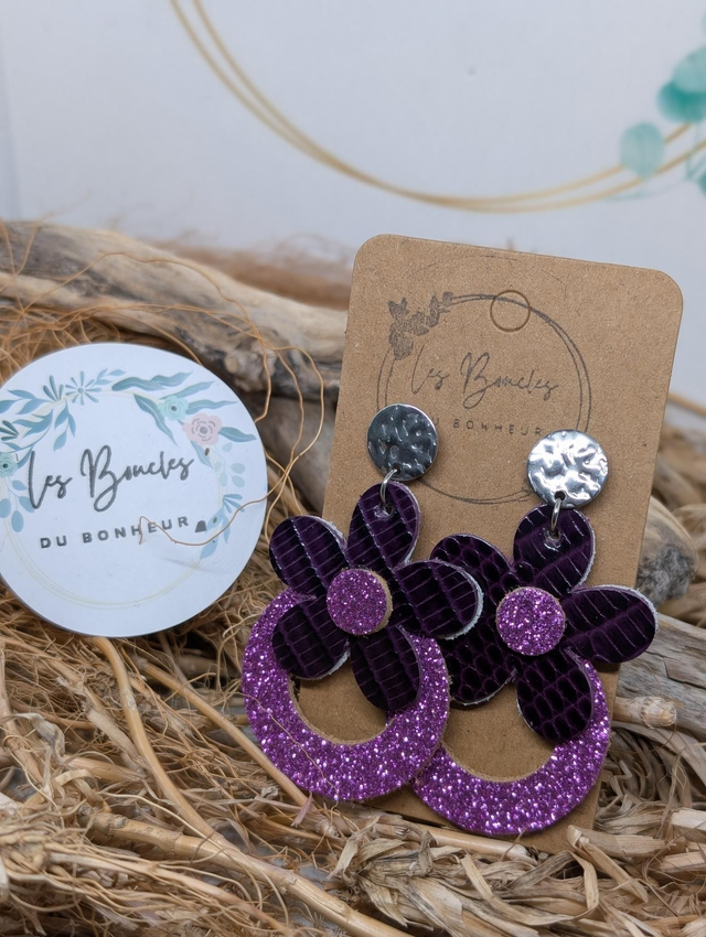 Boucles d'oreilles baby Marguerite aubergine violet paillettes bm1129