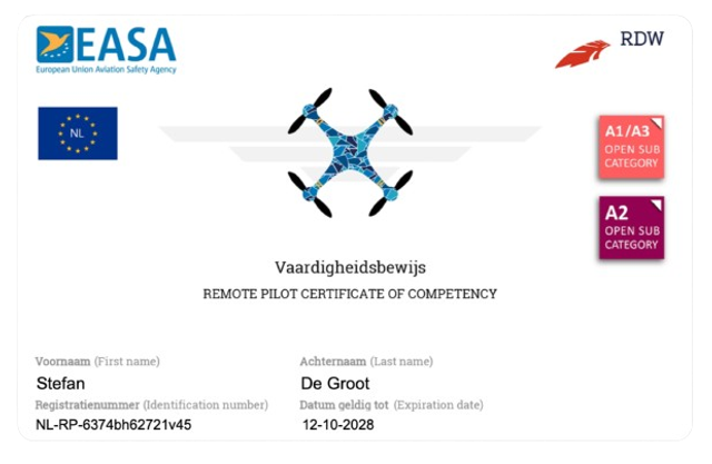Nederlandse Drone Pas Standaard A1/A3 - A2 open zonder NFC &amp; QR-code