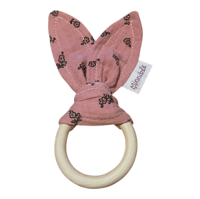 Baby Greifling aus Holz und Musselin Rosa/Blumen