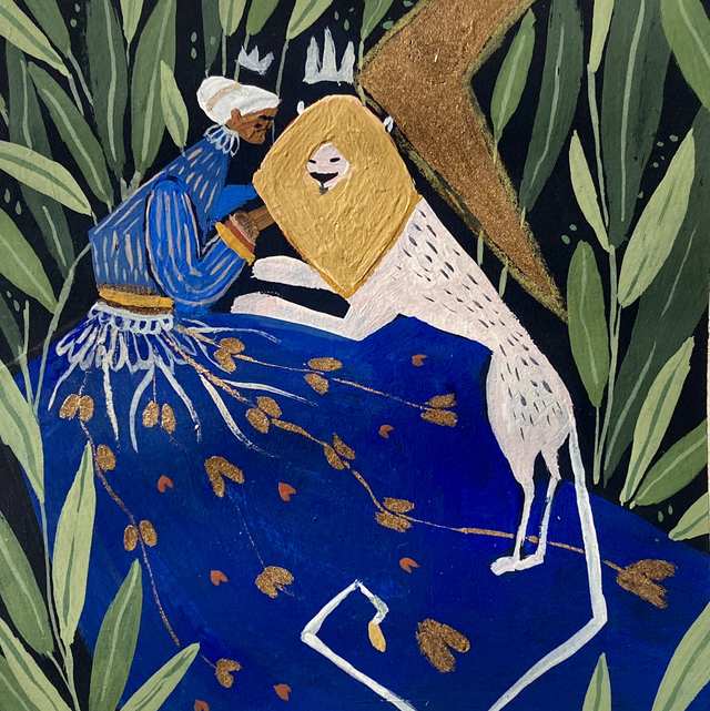 LA REINE ET LE LION BLANC  9x9 cm 