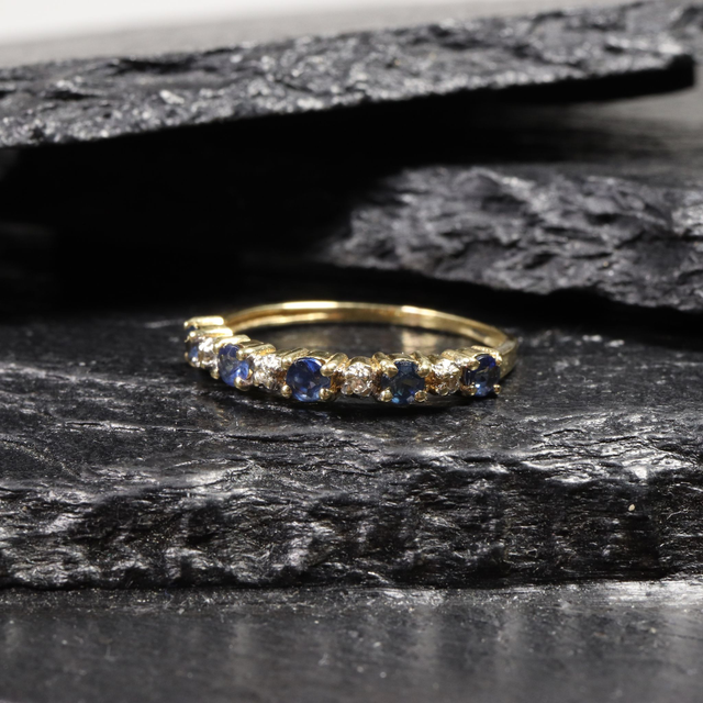 Vintage 9K 9Ct 375 Solid Yellow Gold Vivid Round Cut Blue Sapphire And Diamond Eternity Natural Gemstone Wedding Band Ring Size N - 6 1/2