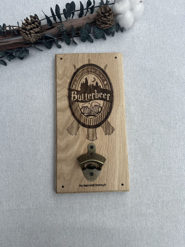 Décapsuleur en chêne – Étiquette Bière au Beurre (inspiré d’Harry Potter) 