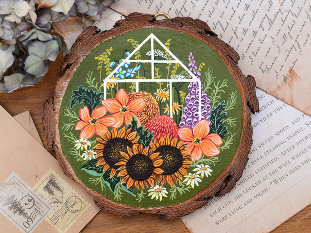 &quot;Greenhouse&quot; wood slice painting