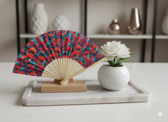 Eventail bois motifs fleurs coquelicots