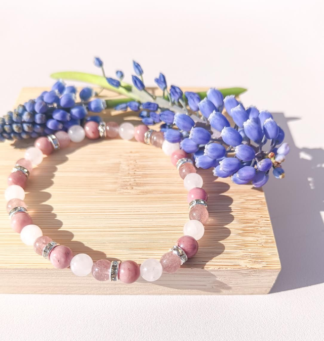 Bracelet quartz fraise quartz rose et Rhodochrosite 