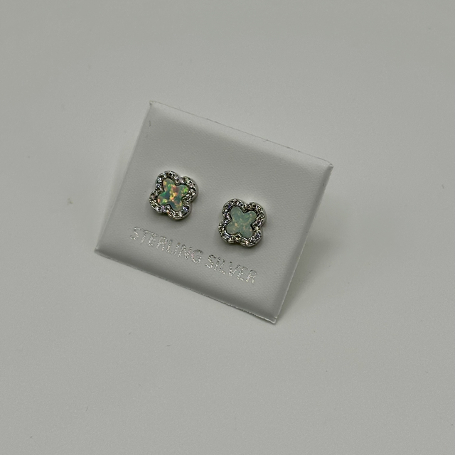 CZ White Opal Clover Earrings