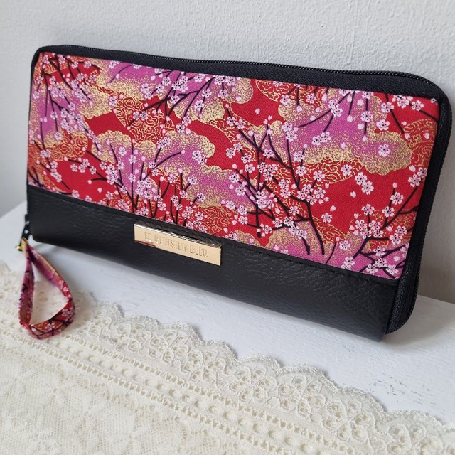 Portefeuille long zippé &quot;Akina&quot; rouge &amp; simili cuir noir