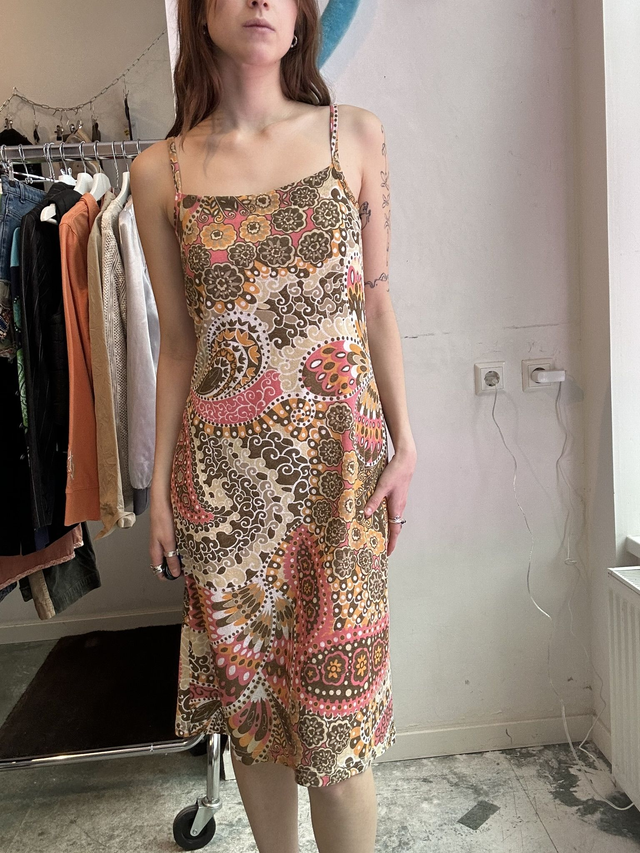 brown/pink/beige floral printed midi dress