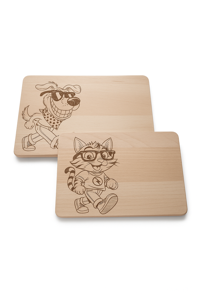 Frühstücksbrettchen aus Buchenholz natur – wahlweise mit Katzen- oder Hunde-Comic-Motiv