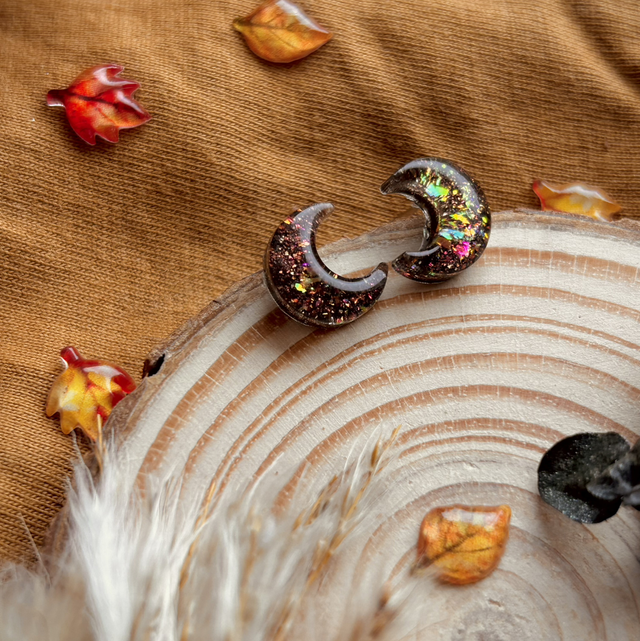 Crescent Moon Studs - Deep Bronze Opalescent (A) 