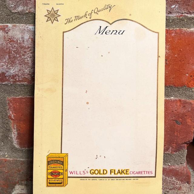 1940’s WILL’s GOLD FLAKE CIGARETTES Menu Card  