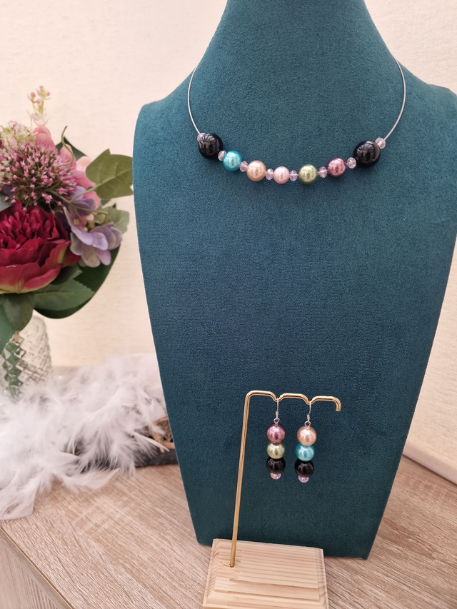 Parure Bijoux Multicolore Grosses Perles Acier Argenté