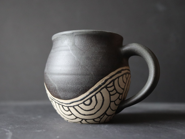 Black Ceramic Cup with Wave Patterns