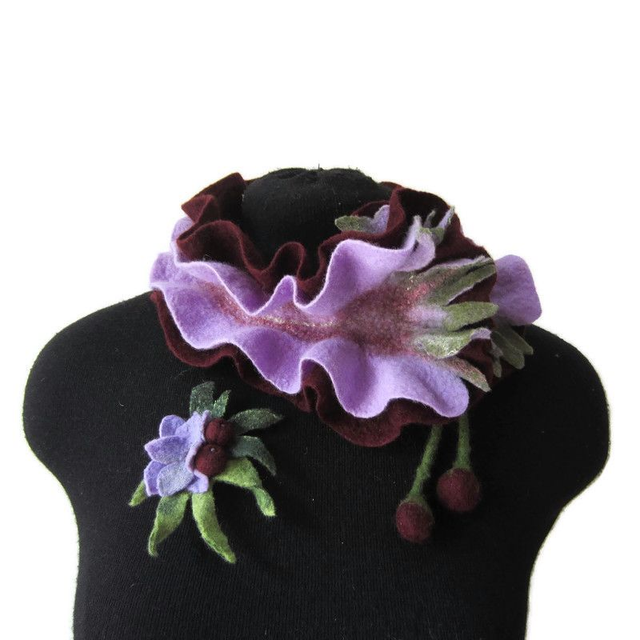 Scarf neckpiece felted wool merino felting Handmade Scarf lavender burgundy color Gift unique for her Scarf little Scarf women girls.
